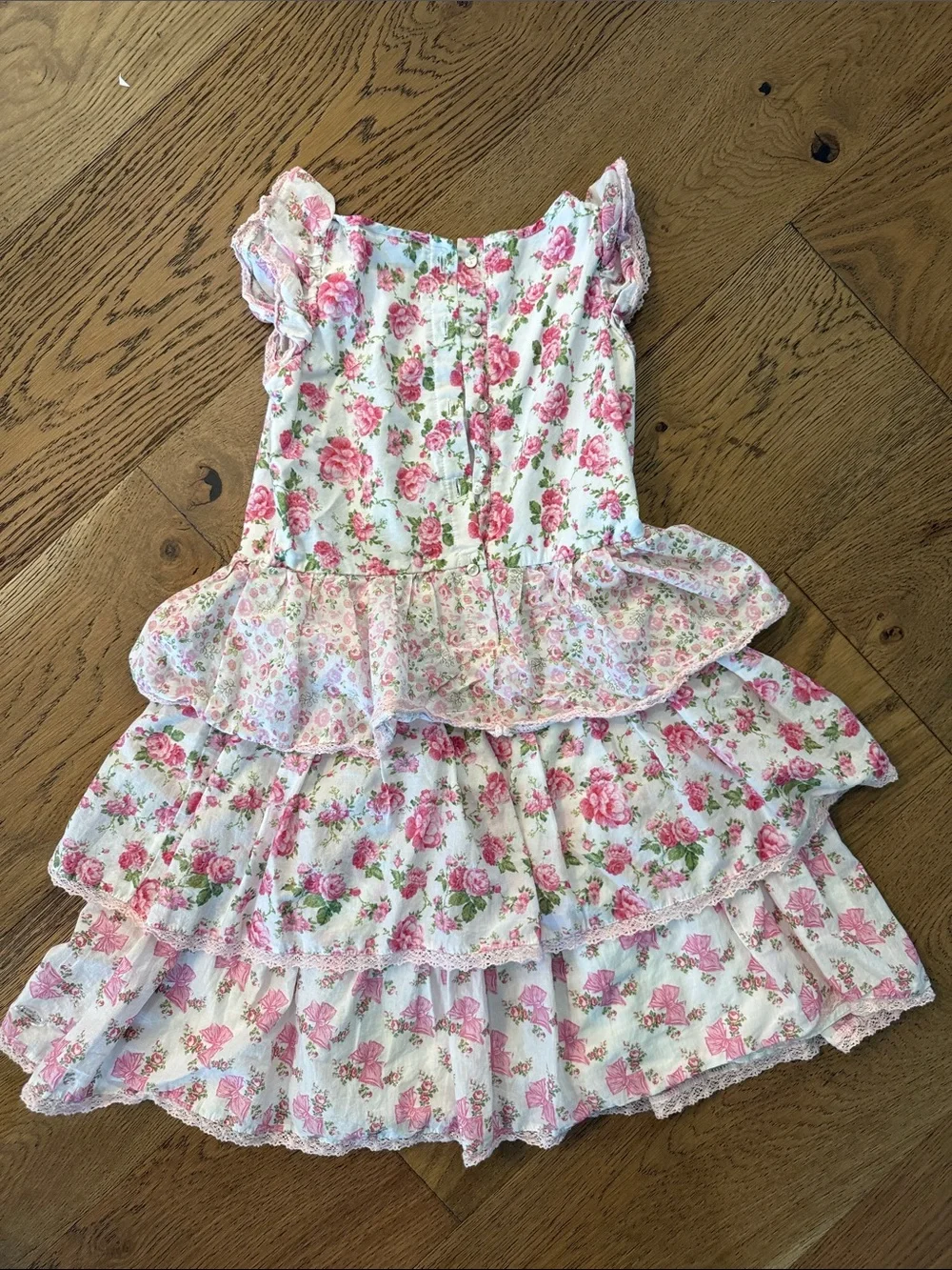 LoveShackFancy White and Pink Floral Tiered Dress for Girls